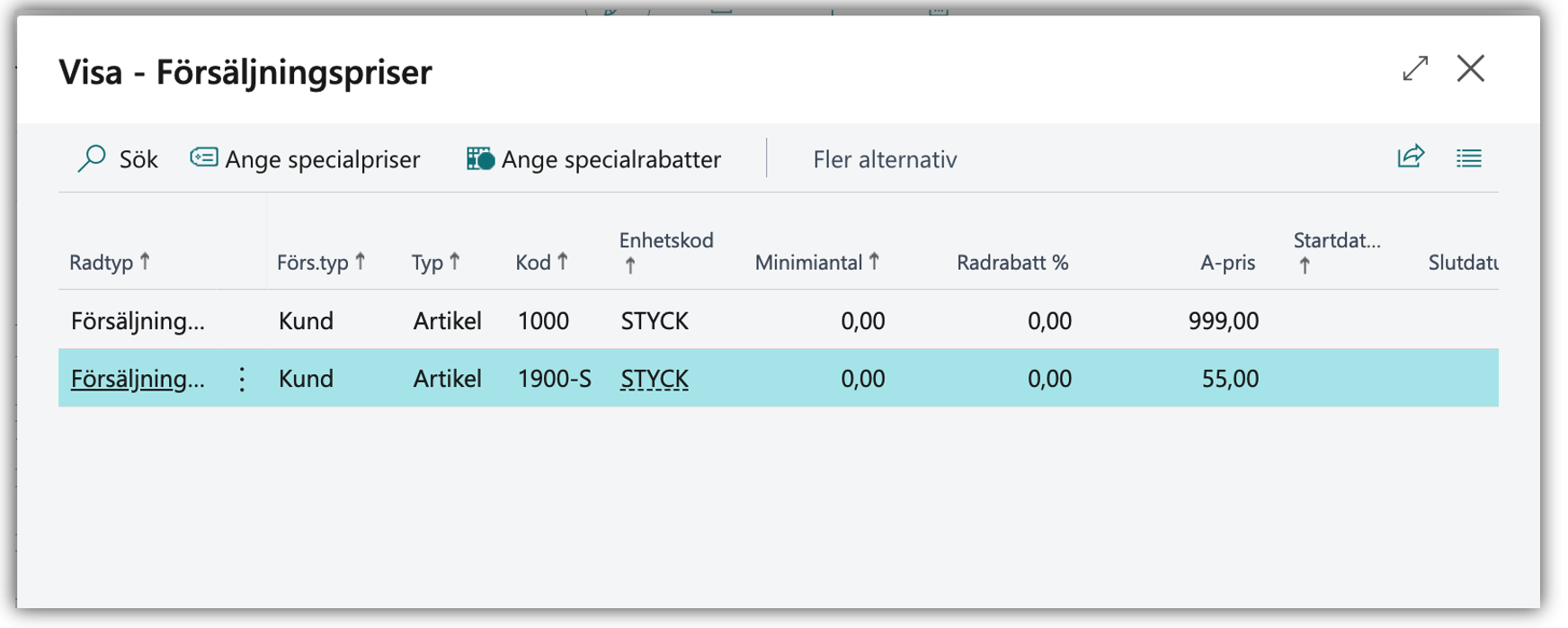 Försäljningspriser i Business Central